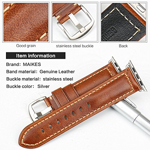 MAIKES Oil Wax Leather Strap Replacement for Apple Watch Band 44mm 40mm 42mm 38mm Series 4 3 2 1 iWatch Watchband Compatible with Apple Watch(42mm, Light Brown+Silver Buckle)