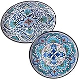 Nancy Green TAL2PC 'Talavera' Floral White, Blue, and Green Melamine Round and Oval Platter Set (Set of 2), Durable, Heavy-duty, Lightweight, Perfect for Indoor and Outdoor,