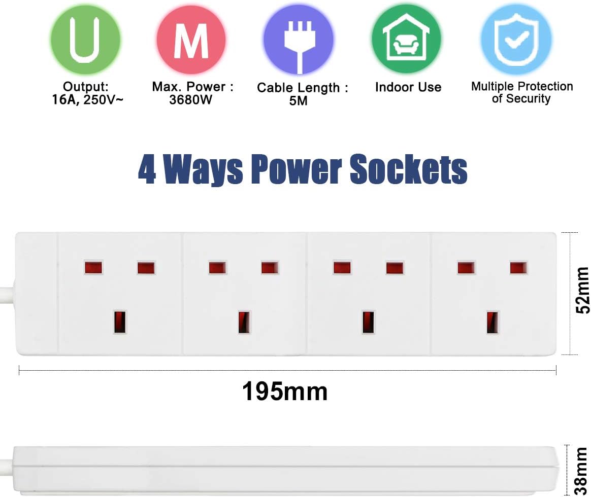 ExtraStar 4 Way Extension Lead, 13A Fused UK Plug Extension Socket, 5M Extension Cable Power Strip - White - Image 3