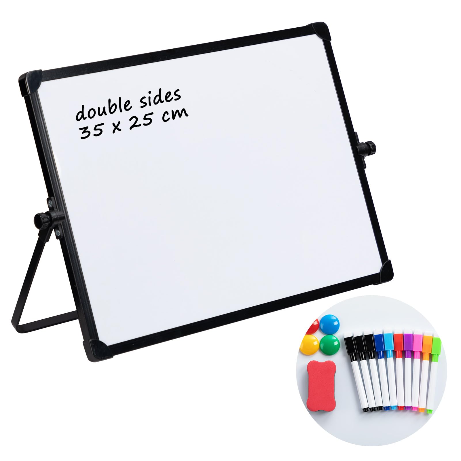 DOEWORKS Magnetic Whiteboard 35 x 25cm, Small Double-Sided Dry Erase Desktop Whiteboard with Black Stand, Mini Drywipe White Board for Home School Office