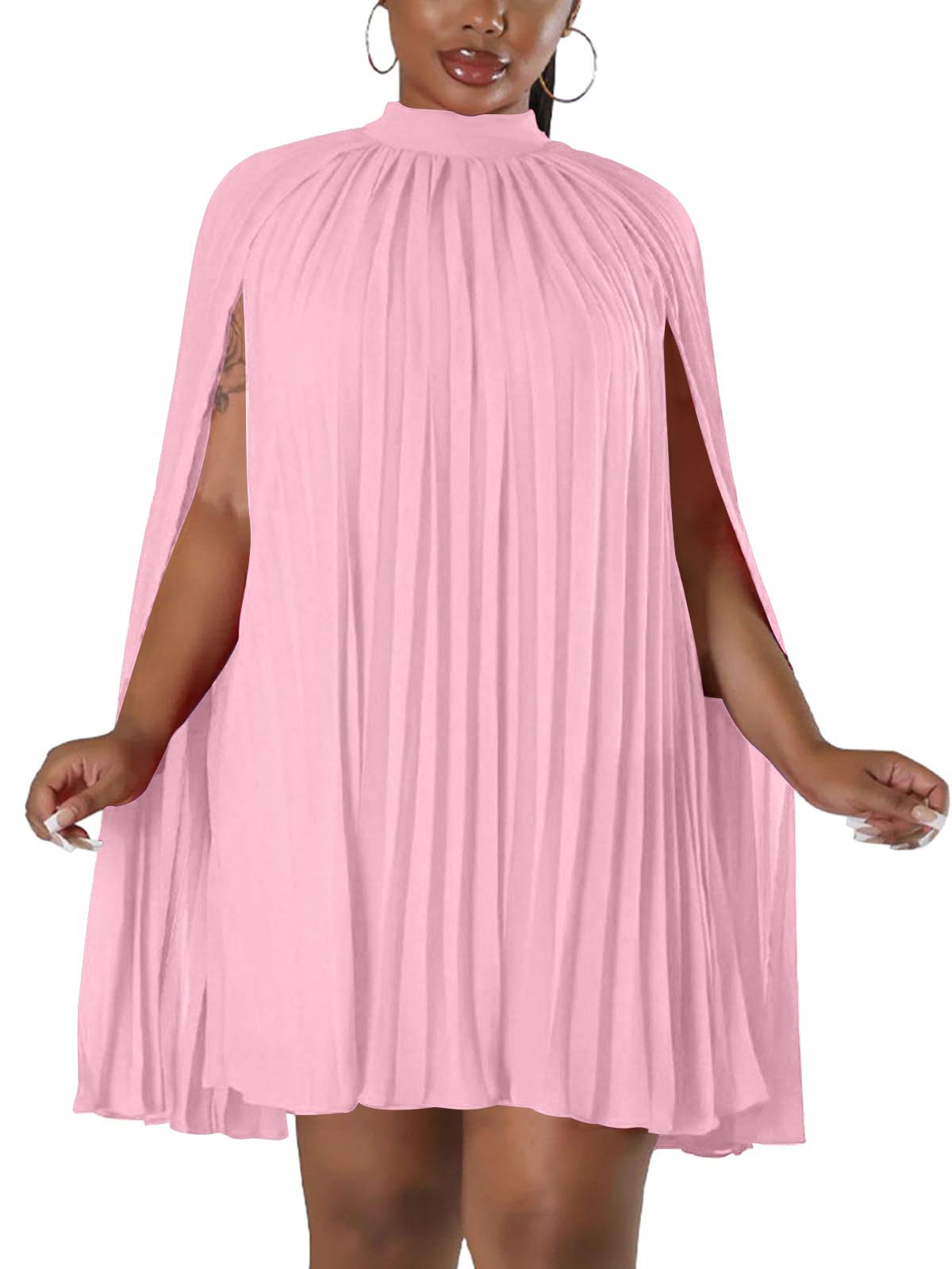 Photo 1 of Women’s Stand Collar Cloak Long Sleeve Cape A Line Dress Elegant Pleated Mini Evening Dress Pink S