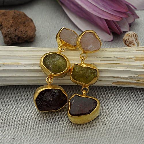 Geniune One Of A Kind Omer Roman Art Rough Pink Morganite / Green Garnet / Ruby Earrings 24k Yellow Gold Over Sterling Silver 925k