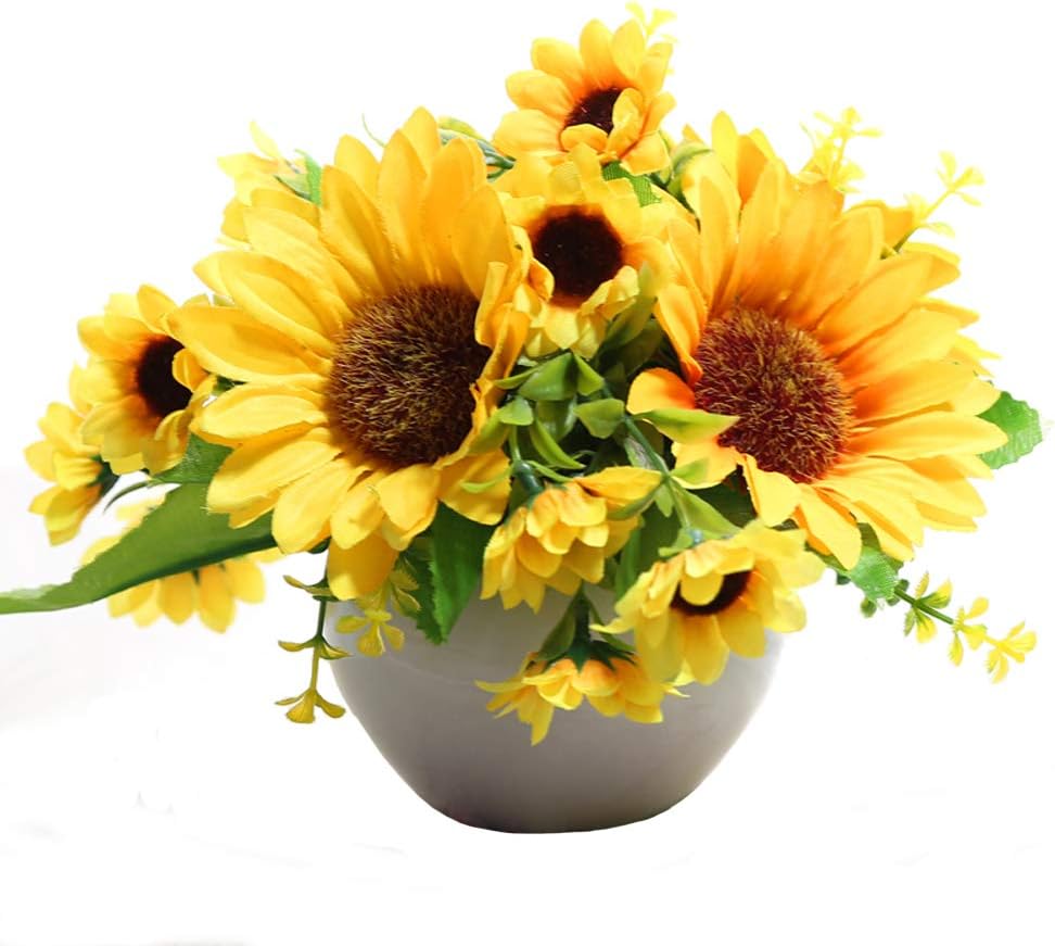 Nadalan Artificial Mini Flower with Vase Sunflower Fake Flower Bouquets for Desk Home Decor (Sunflower)