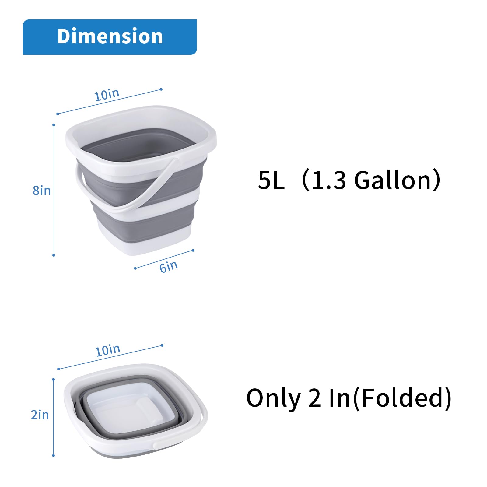 Collapsible Bucket, 5L 1.3Gallon Small Cleaning Mop Buckets for Household Outdoor Car Washing Tub Plastic Foldable Portable Camping Beach Sand Water Pot Pail Space Saving Square