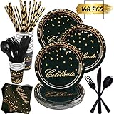 168 Piece Black and Gold Party Supplies Set | Disposable Dinnerware Set Services 24 | Includes Plastic Knives Spoons Forks Paper Plates Napkins Cups Straws | Birthday Graduation Retirement 2020