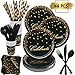 168 Piece Black and Gold Party Supplies Set | Disposable Dinnerware Set Services 24 | Includes Plastic Knives Spoons Forks Paper Plates Napkins Cups Straws | Birthday Graduation Retirement New Years