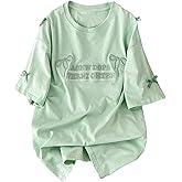 SHENHE Women's Bow Shirt Oversized Tee Letter Embroidered Short Sleeve Aesthetic Clothes Top
