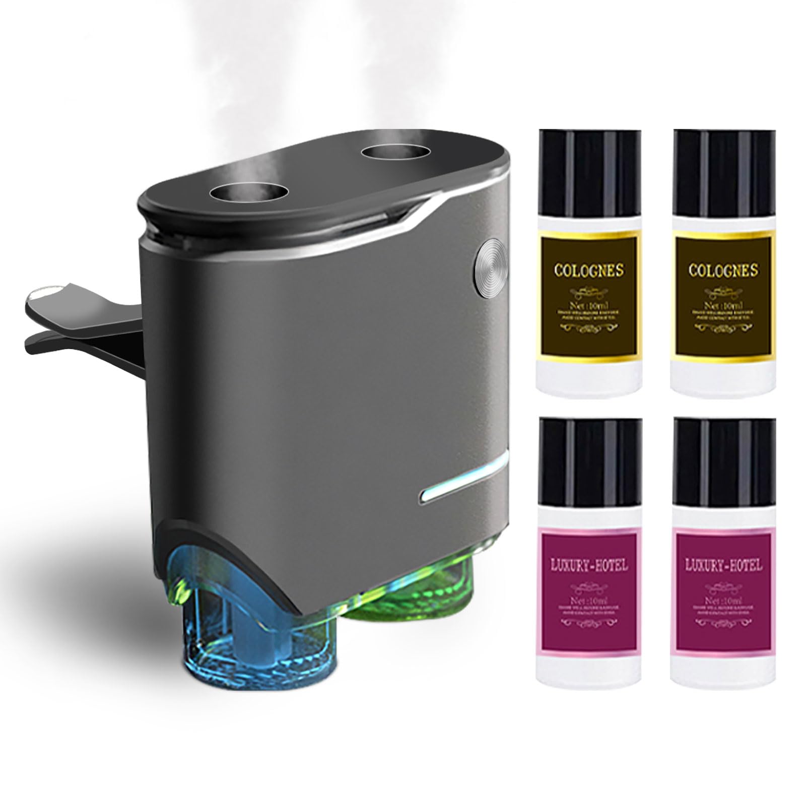 Photo 1 of Smart Car Air Fresheners with Dual-Channel Diffuser & 4pcs Essential Oils, Automotive Scent Dispenser Rechargeable Aromatherapy Diffuser Vent Clip for Cars, 3 Adjustable Modes, Long-Lasting Fragrance