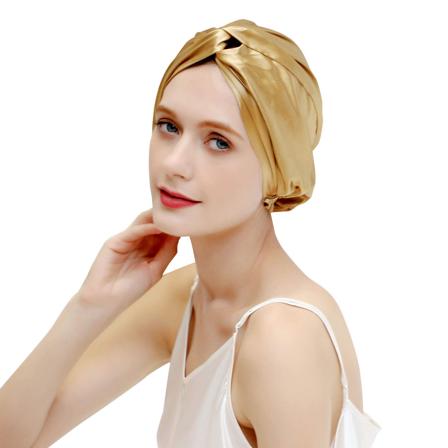 ZIMASILK 22 Momme Organic Pure Mulberry Silk Bonnet for Women Hair Care,Natural Silk Hair Wrap for Sleeping, Sleep Cap with Elastic Stay On Head, Classic Pleated (1Pc, Golden)