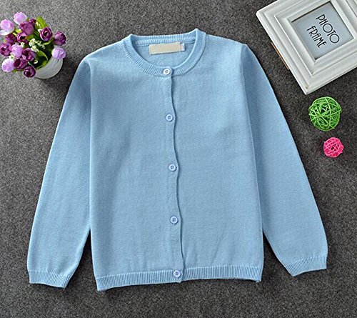 GSVIBK Girls Cardigan Long Sleeve Crewneck Cardigans Solid Knit Button Sweater Cardigan Baby Girl 5-6Y Blue 6112 - Thumbnail 2