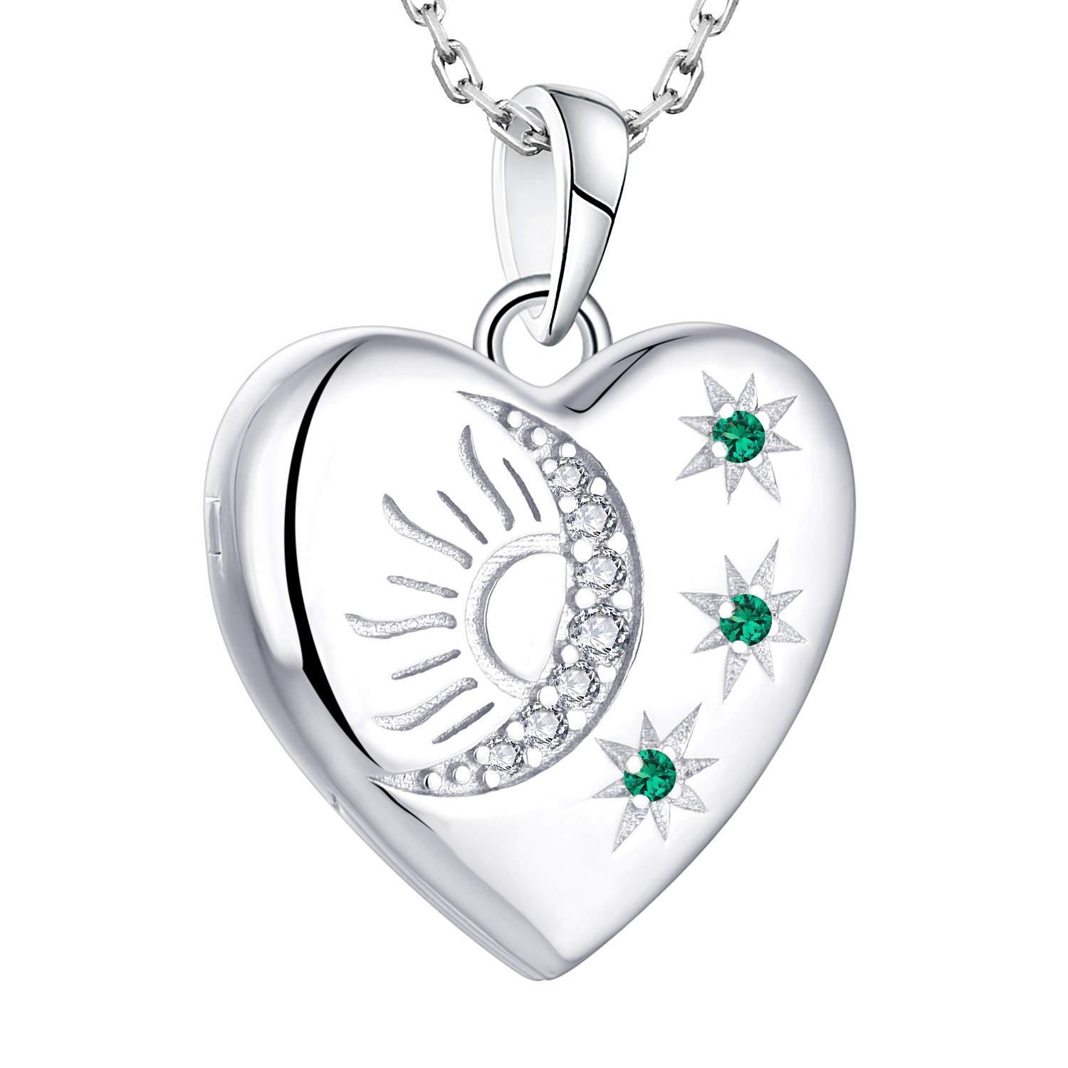 Starnny Women's Lockets 925 Sterling Silver Photo Heart Locket Necklace Pendant with Star/Moon/Sun Birthstone Jewelry for Women