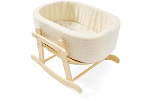COOKIE BUNNY Wooden Baby Doll Crib, Baby Doll Bed Toys for Cat Dog, Wooden Boucle Bassinet for Dolls Up to 16 Inch, Doll Accessories with Mattress and Bassinet, Gift for Boys & Girls