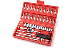 LSLANSOON 46 Pcs 1/4” Drive Socket Ratchet Wrench Set with Storage Case, Includes Metric Bit Socket Set and Extension Bar for Auto Repair and Home Maintenance