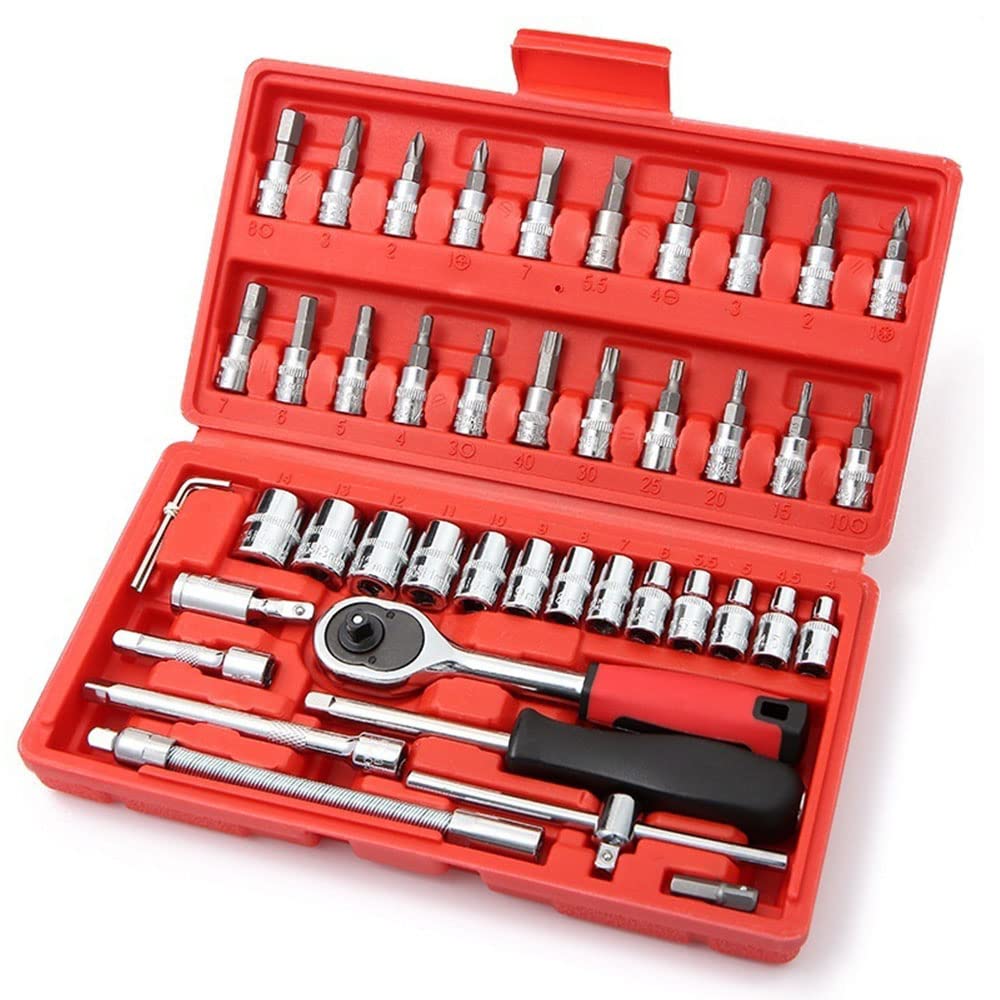 LSHK 46 Pcs 1/4'' Drive Socket Ratchet Wrench Set with Storage Case, Includes Metric Bit Socket Set and Extension Bar for Auto Repair and Home Maintenance