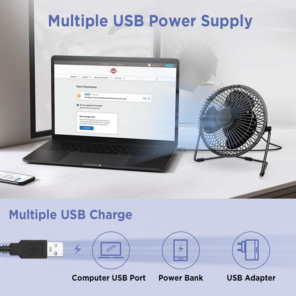 EasyAcc 6 Inch Desktop Table Fan (USB POWERED ONLY) USB Desk Fan with 2 Setting Portable Mini USB Fan for Metal Design Quiet Operation 360° Rotation Personal Cooling Fan for Home Office Desktop-Black: Home & Kitchen