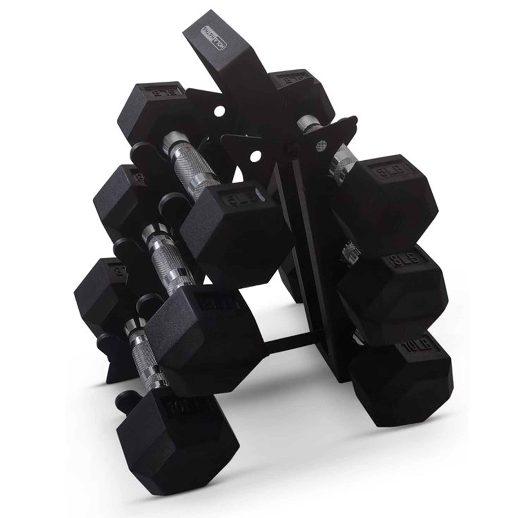 Photo 1 of HolaHatha Dumbbell Weight Set with Storage Rack Stand, Ideal Strength Training Home Gym Workout Equipment for Muscle Toning, 46lb Set (5/8/10), Rubber Hex