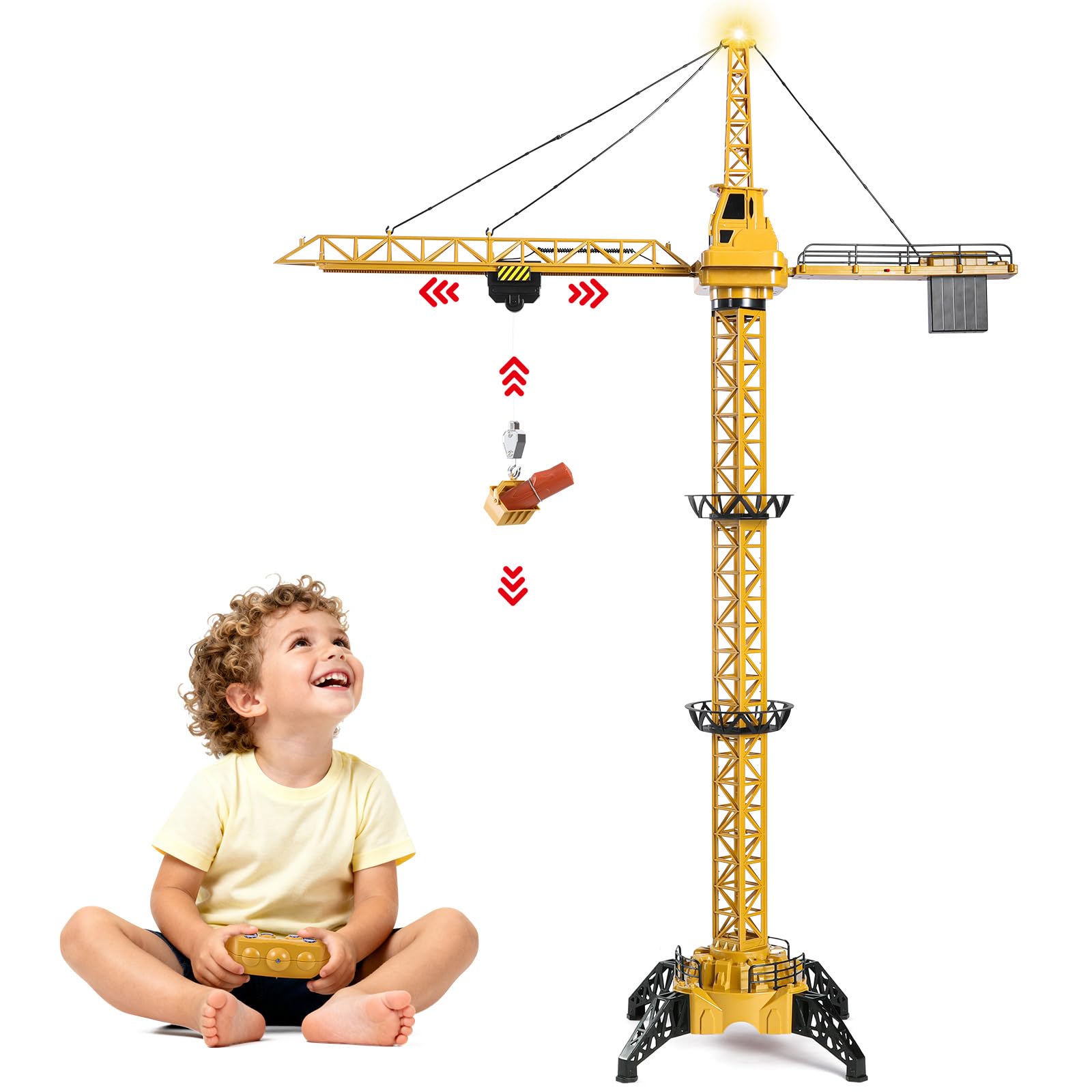 Mini Tudou 128 cm hohe 2,4 Hz Ferngesteuerte Turmkran,6 Kanäle Radio Kontrolle Konstruktion RC Kran Spielzeug 680 Grad Rotation Aufzug Model mit Turm Licht und Geräusche für Kinder Junge 9