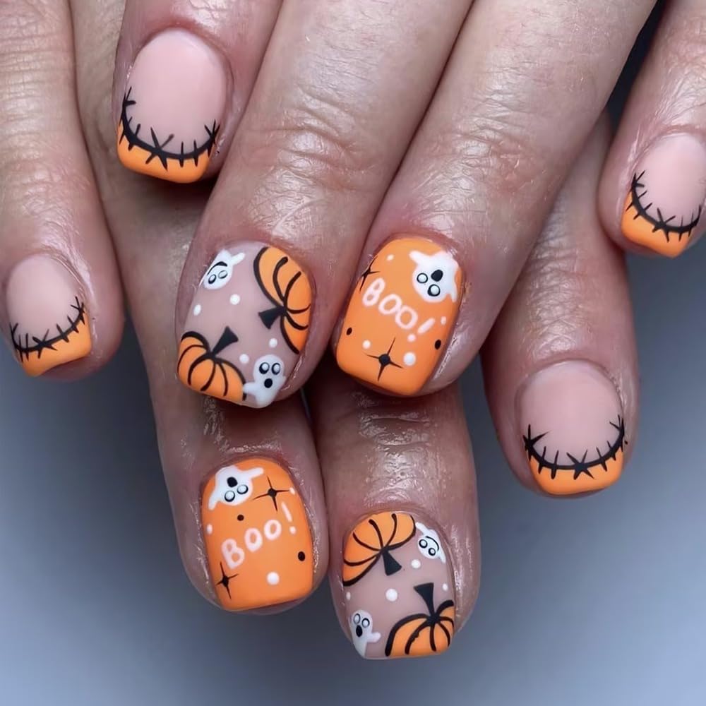 Short Square Press on Nails Halloween Pumpkin Fake Nails Orange French Tip Acrylic Nails Press on Matte False Nails with Ghost Patch Designs Glue on Nails Short Artificial Nails for Women 24PCS