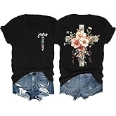 Faith Cross Christian T-Shirt with Boho Floral Cross Print Short Sleeve Casual Graphic Tee for Women