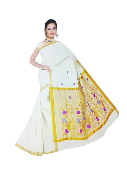 Womens Designer Cotton Kerala Traditional Saree with Golden Border