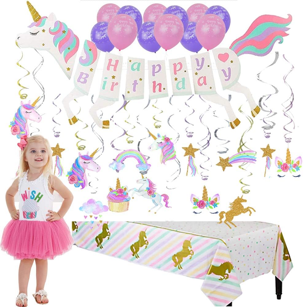 Cooper life Unicorn Party Supplies Set | Unicorn Shape Banner with Sparkle Gold Glitter |Sparkle Plastic Tablecloth | 30 Ct Unicorn Sparkle Gold Glitter Hanging Swirl Decorations|12 Unicorn Balloon