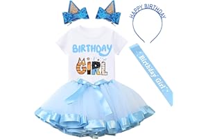 Hewtwerck Birthday Girls Outfit T-Shirt Tutu Skirt Sets with Blue Ears Hair Clips Headband and Satin Sash…