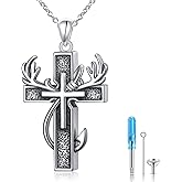 DAOCHONG 925 Sterling Silver Cremation Jewelry Cross Urn Necklace for Ashes for Men Women Fish Hook Memorial Human Pet Urn Pendant Deer Antler Ashes Holder Keepsake Gifts for Loved Ones