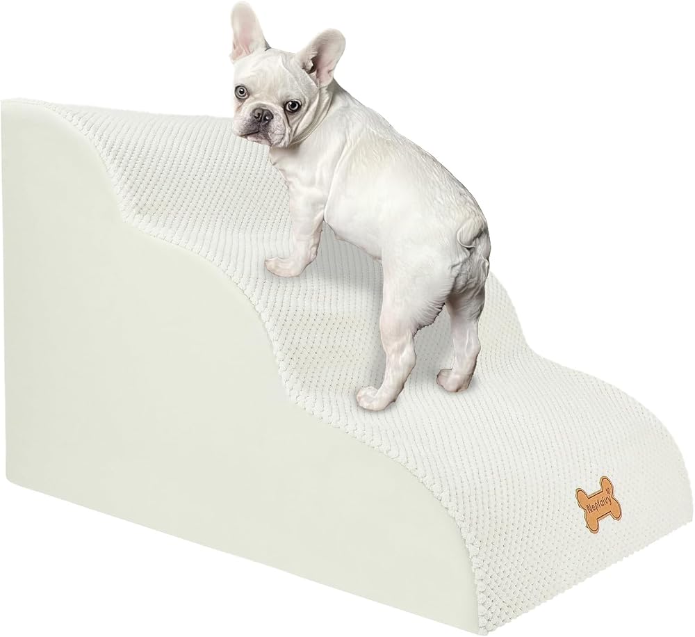 Nepfaivy 3-Step Dog Steps for Bed Non-Slip Foam Cover Beige 60x40x40cm
