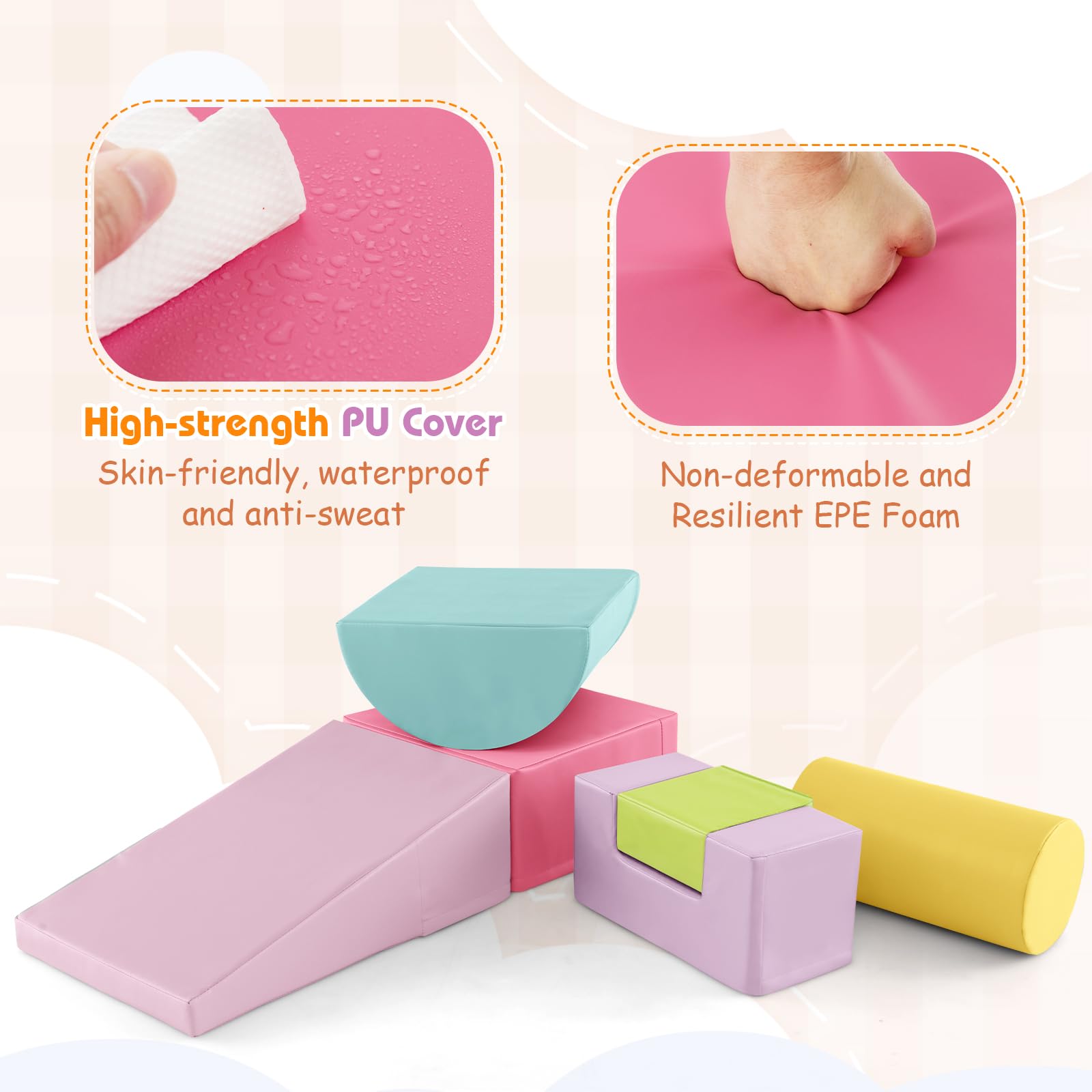 Costzon Toddler Climbing, 6 Pieces Climb and Crawl Playset with PU Cover for Baby Crawling, Climbing & Walking, Indoor Foam Climbing Blocks for Toddlers 1-3, Light Pink