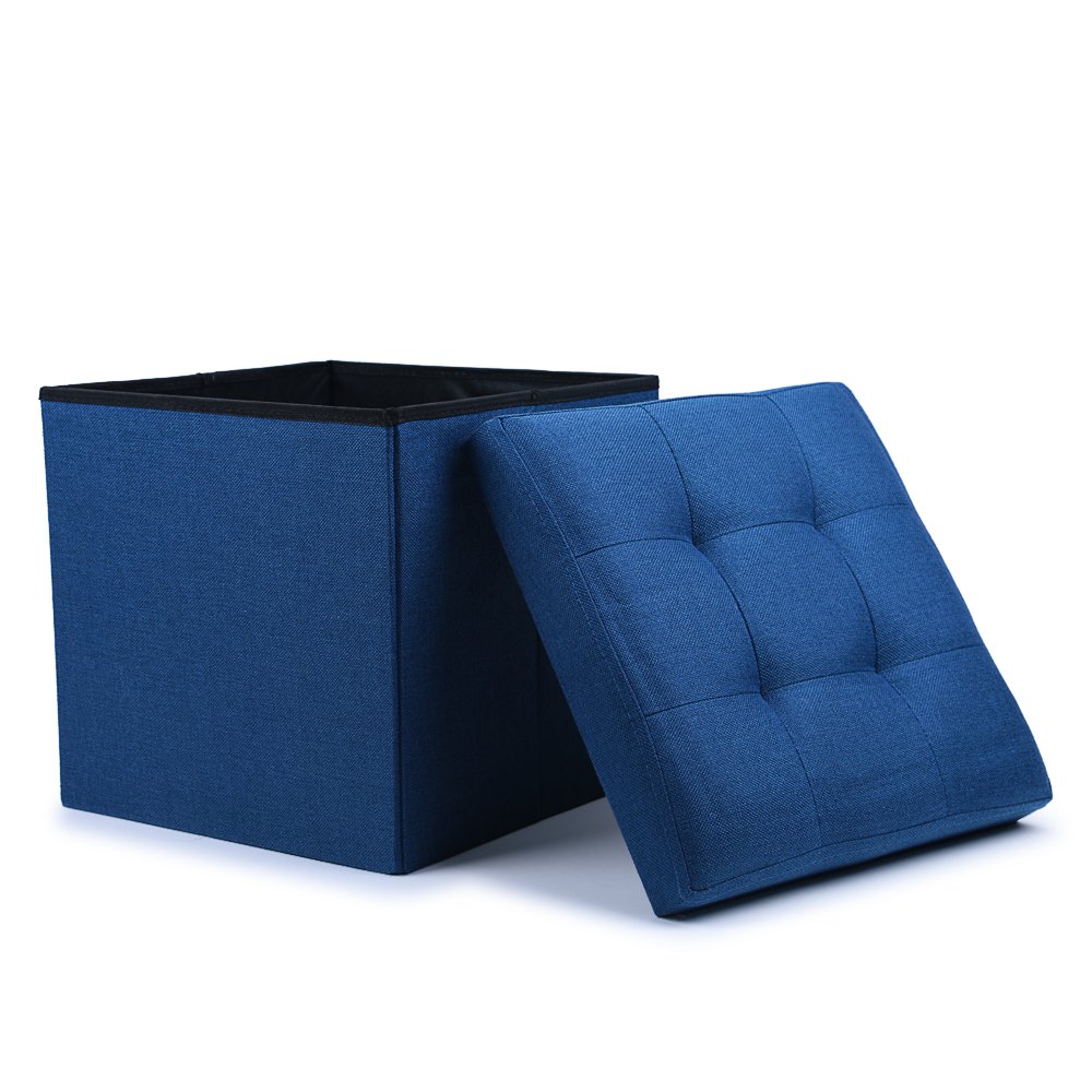 WoneNice Folding Storage Ottoman Cube Foot Rest Stool Seat (Linen Navy)