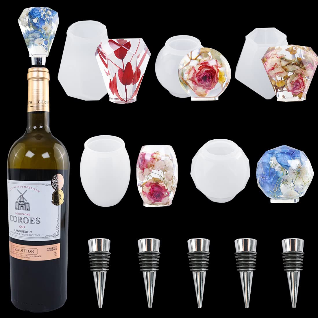 Voyyphixa 5 Pcs Resin Wine Stopper Molds, Geometric Spherical Silicone Moulds Kit with 5 Stopper, Crystal Gem Wine Bottle Stopper Molds for Epoxy Casting DIY Crafts