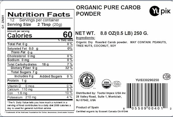YUPIK ORGANIC PURE RAW CAROB POWDER 8.8 OZ, USDA CERTIFIED, NON-GMO, VEGAN, GLUTEN-FREE, CAFFEINE-FREE, UNROASTED, PREMIUM SUPERFOOD FOR BAKING & SMOOTHIES