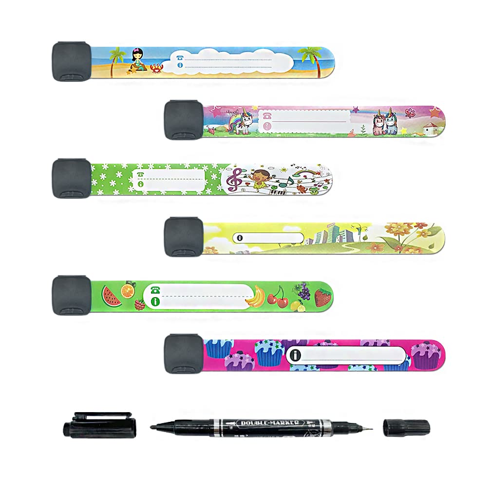 AMOH JERCY Kids ID Bracelet – 6 Pack Reusable Waterproof Safety Wristbands for Travel, School Trips, Theme Parks & Outdoor Activities – Adjustable Contact Info Bands for Boys & Girls with Marker