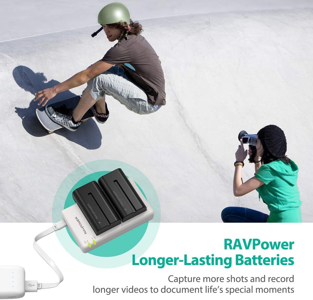 NP-F550 RAVPower Battery Charger for Sony NP F970 F750 F770 F960 F550 F530 F330 F570 CCD-SC55 TR516 TR716 TR818 TR910 TR917 and More (2-Pack Replacement Battery Kit, Dual Slot Charger)