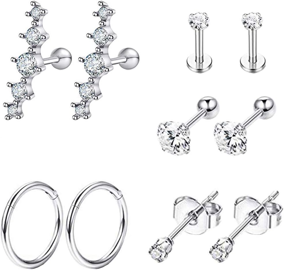 REVOLIA 5 Pairs 16G Stainless Steel Cartilage Tragus Earrings for Women Men CZ Stud Earrings Septum Helix Daith Conch Piercing