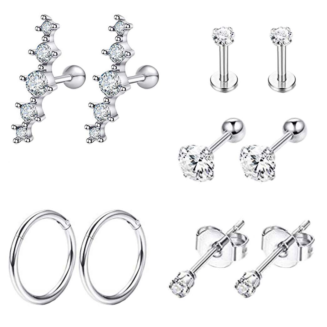 REVOLIA 5 Pairs 16G Stainless Steel Cartilage Tragus Earrings for Women Men CZ Stud Earrings Septum Helix Daith Conch Piercing