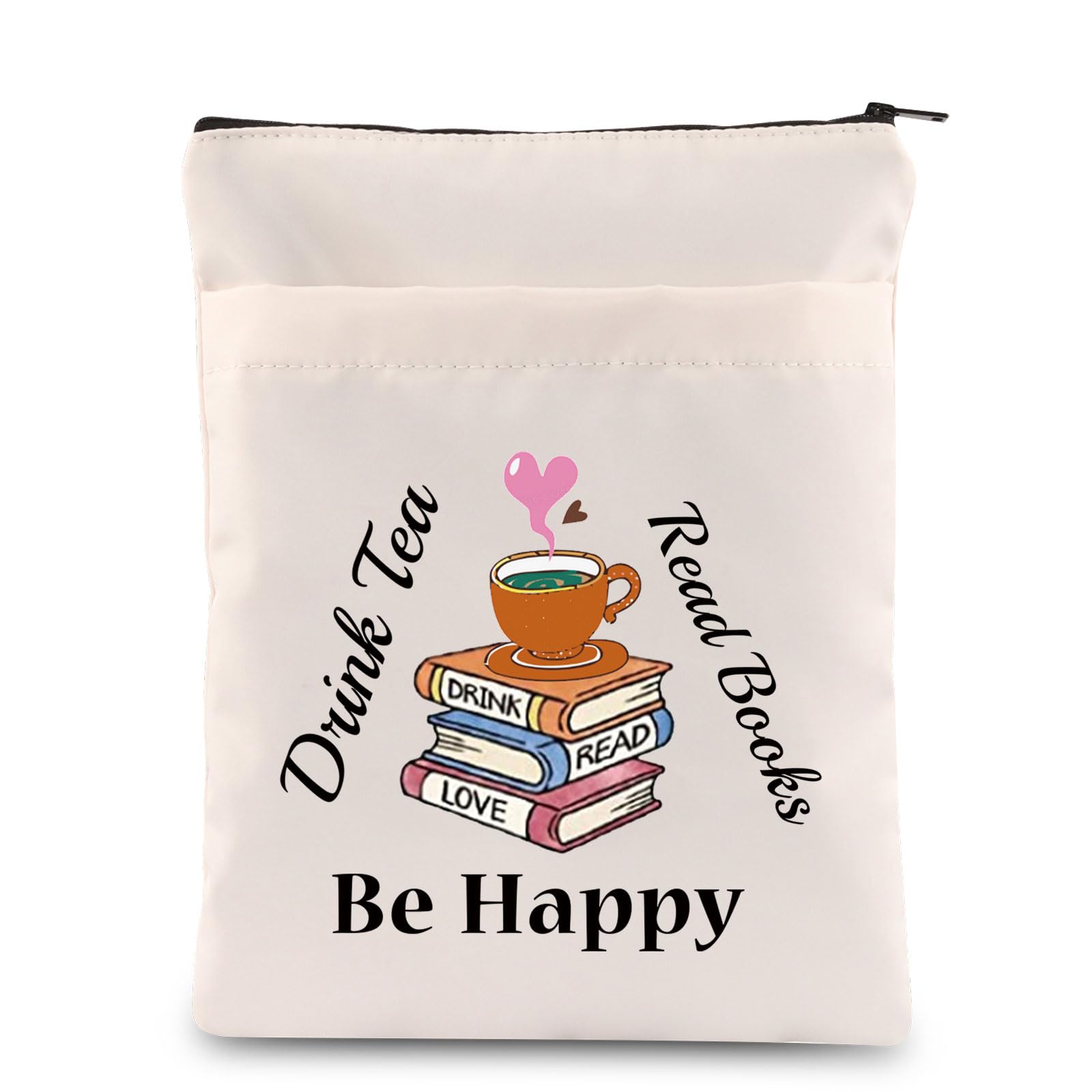 FEELMEM Bookworm Gift Drink Tea Read Books Be Happy Book Sleeve with Zipper Tea Lovers Book Pouch