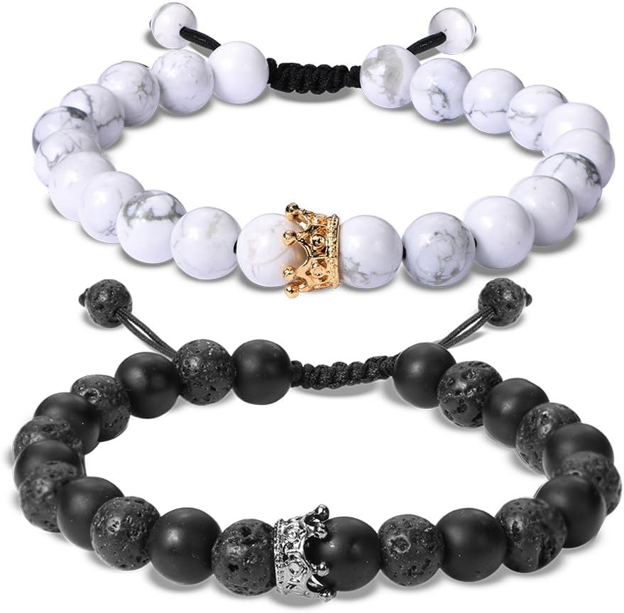 EnjoIt Couple Distance Bracelet Diffuser Beads Crown Queen Bracelets Matte Agate & White Howlite Lava Stone