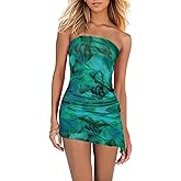 EIFFELT Women's Strapless Tube Dress Sheer Floral Print Ruched Bodycon Mini Dress Sexy Party Club Bandeau Short Dresses