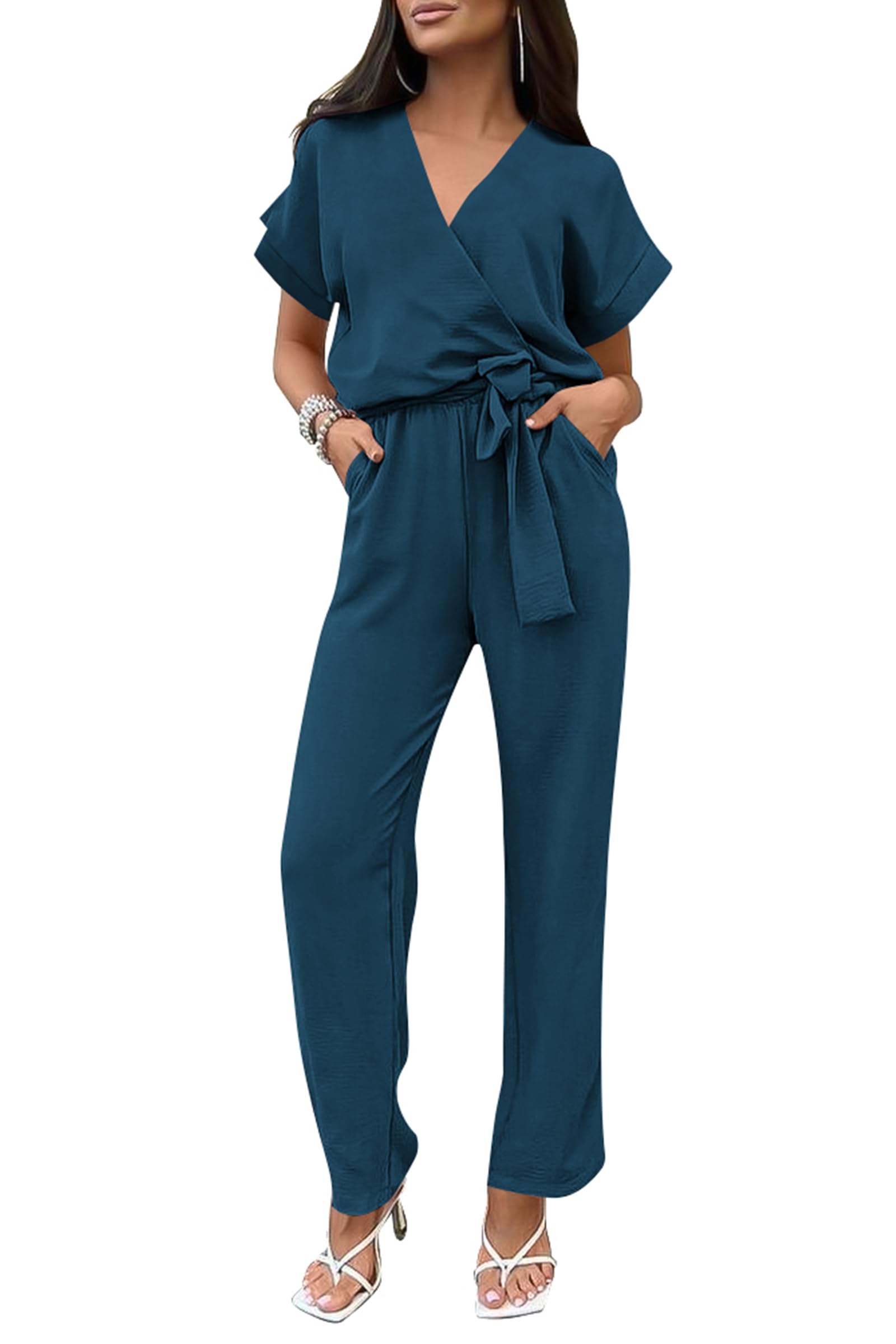 Photo 1 of PRETTYGARDEN Women One Piece Outfits Casual Wrap V Neck Short Sleeve Pants Jumpsuits Rompers (Dark Blue,Large)