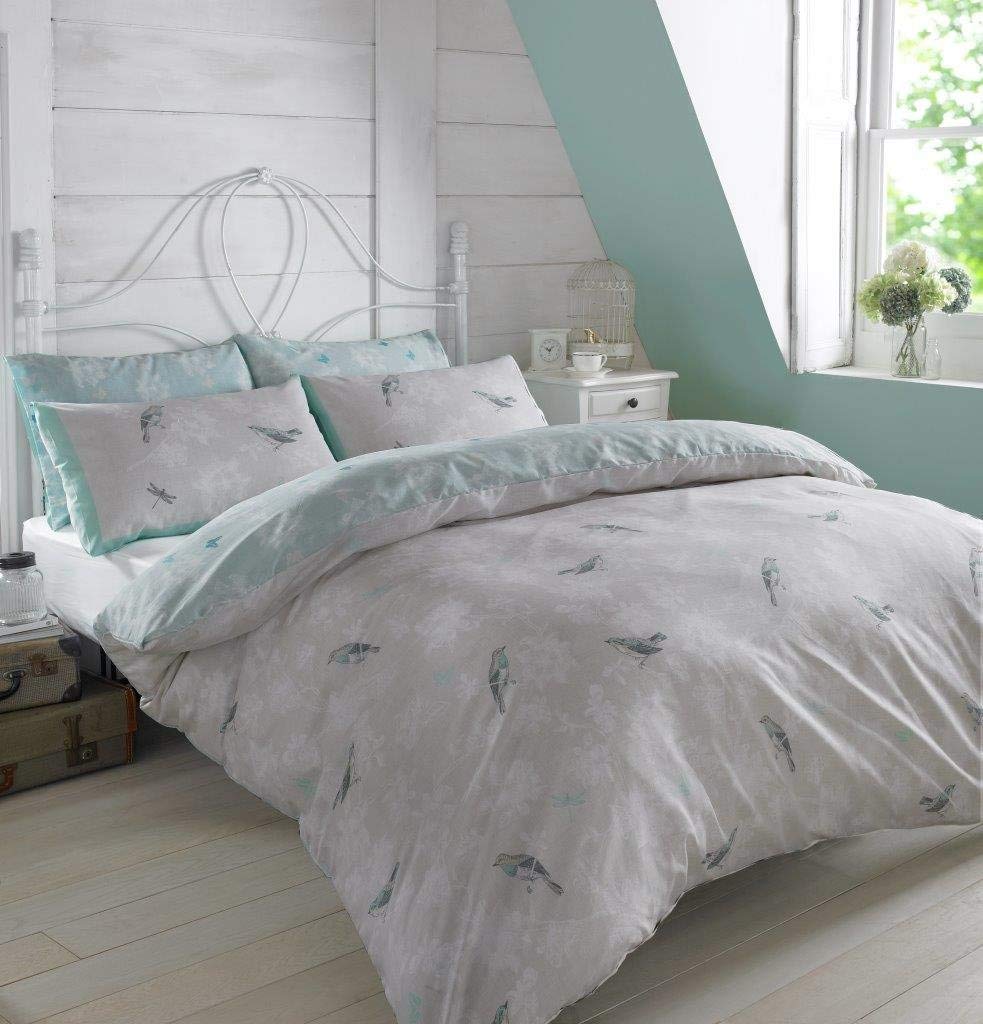 Dreamscene Luxurious Vintage Birds Duvet Set with Pillowcase, Polyester/Cotton, Mint/Light Blue, King,VINTBIRDLB03