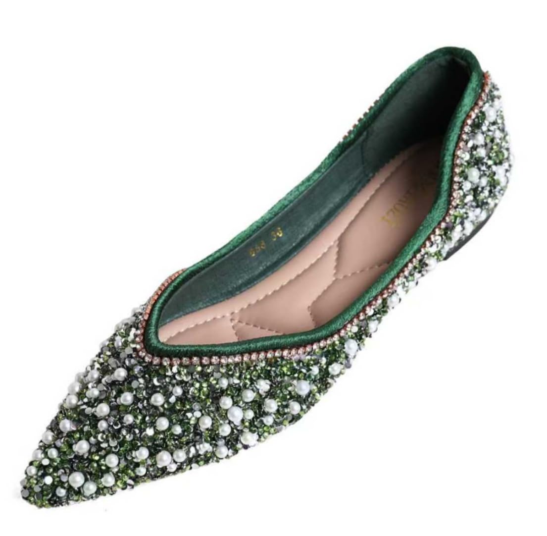Women's Rhinestone Flats Fashion Pointed Toe Pearl Diamond Low Heel Dress Wedding Flats Work Business Dance Ballet Flats Green Size - 6 Image