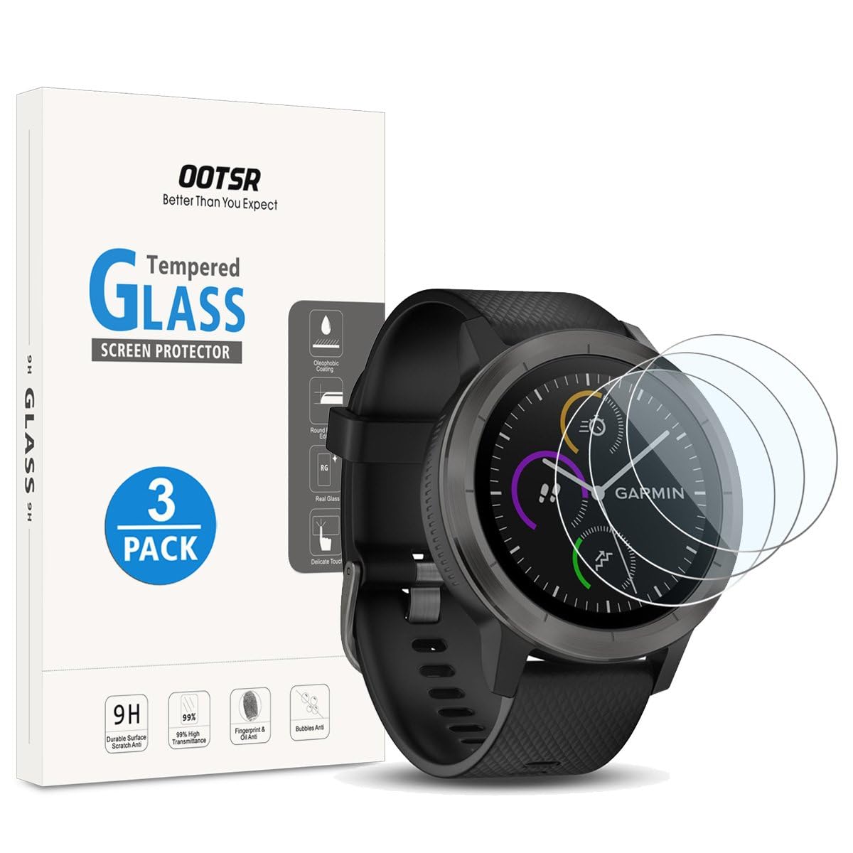 OOTSR (3 Pack Screen Protector for Garmin Vivoactive 3, Full Coverage Tempered Glass Protector for Garmin Vivoactive 3 (not compatible with Garmin Vivoactive 3 music)