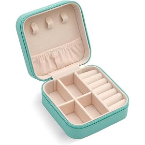 Portable Jewelry Organizer Mini Travel Case for Earrings Rings Necklaces Leather Storage Box (Blue)