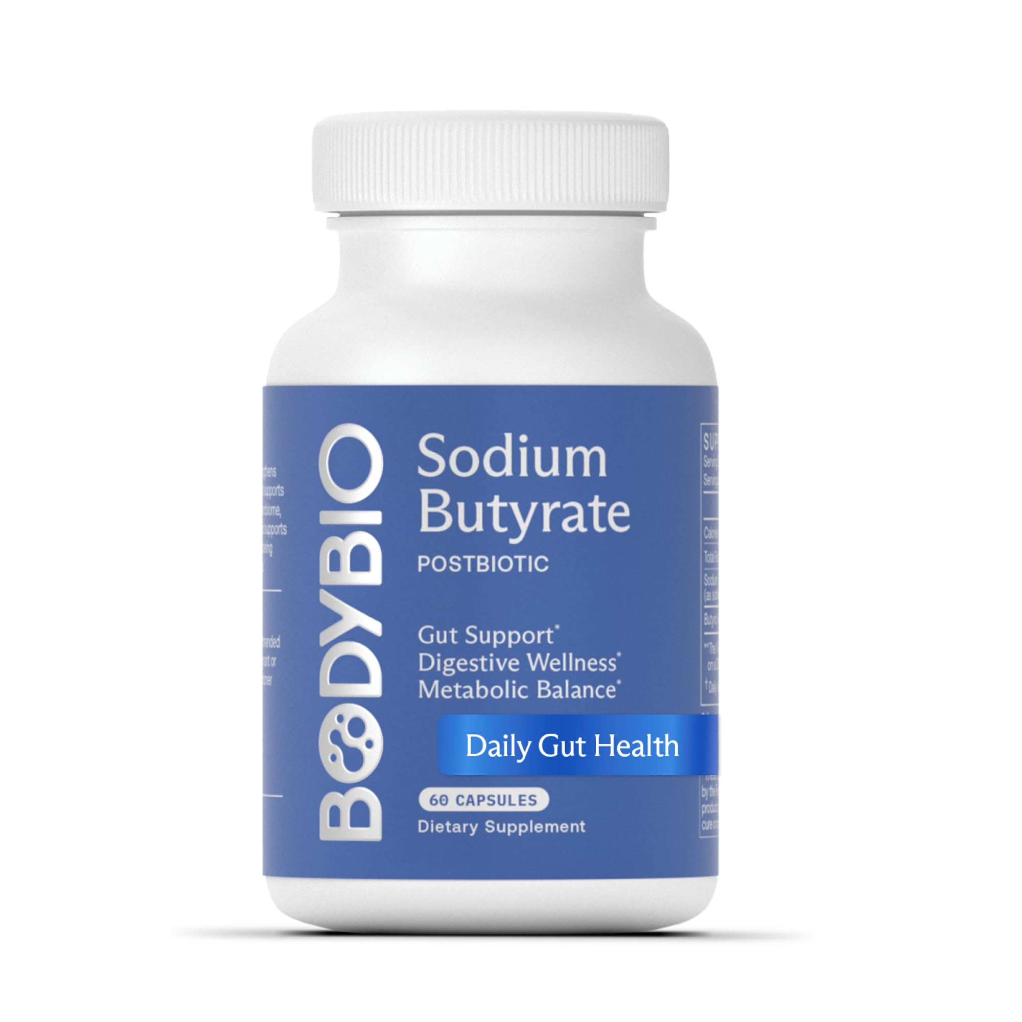 BodyBio Butyrate with Sodium - Supports Healthy Digestion, Gut & Microbiome - Increases Leptin Production for Appetite Control - No Fillers or Additives - 60 Capsules