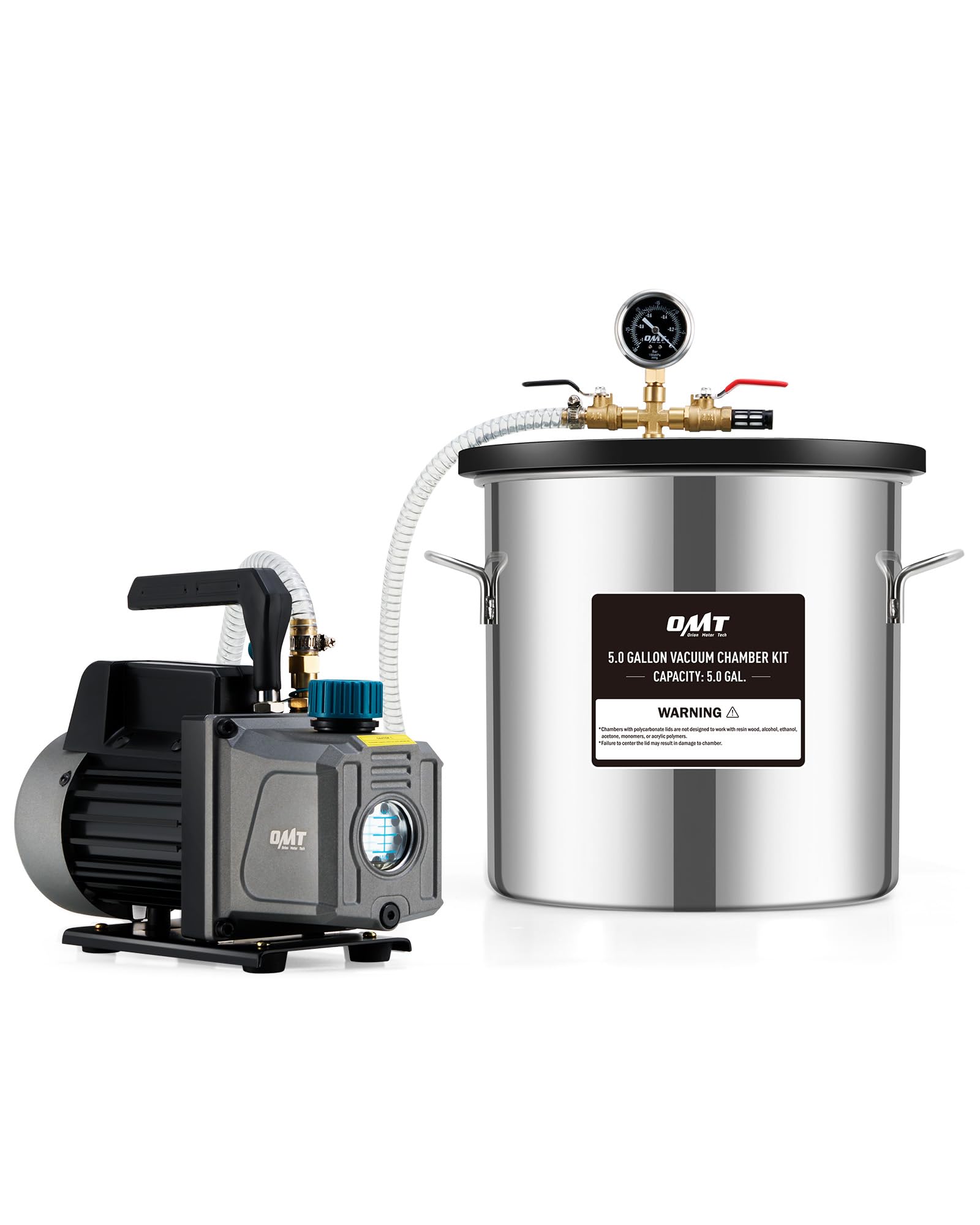 Photo 1 of Orion Motor Tech 5 Gal Vacuum Chamber Kit with 3.5 CFM Pump, Tempered Glass Lid & 5 ft Hose for Wood Stabilizing & Silicone Resin Degassing