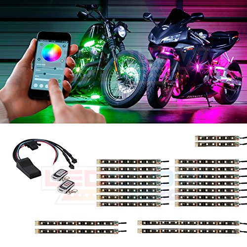 LEDGlow 20pc Advanced Million Color LED Flexible Motorcycle Lighting Strip Kit - Bluetooth-Connected Smartphone App - 192 LEDs - Waterproof Control Box - Dual Zone Control - 2 Wireless Remotes