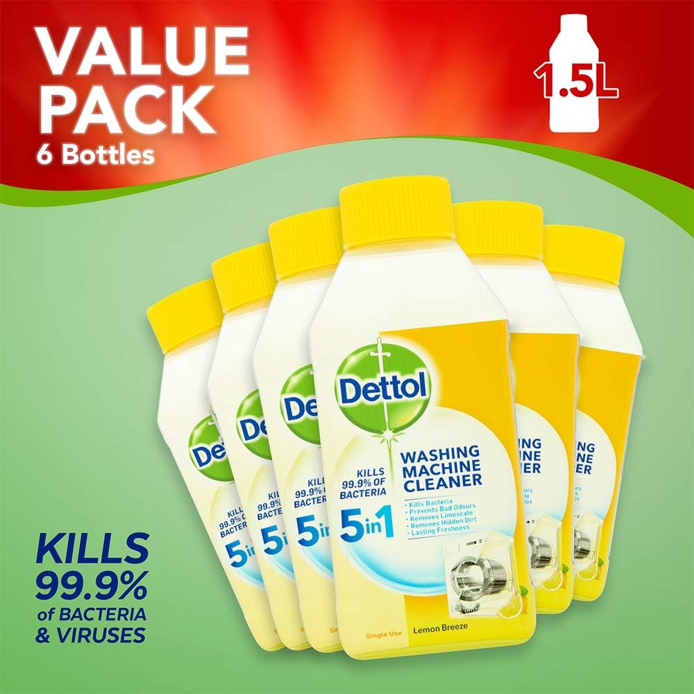Dettol, Washing Machine Cleaner, Lemon, 1.5L (250ml x 6pck) Antibacterial, Removes Bacteria, Odours