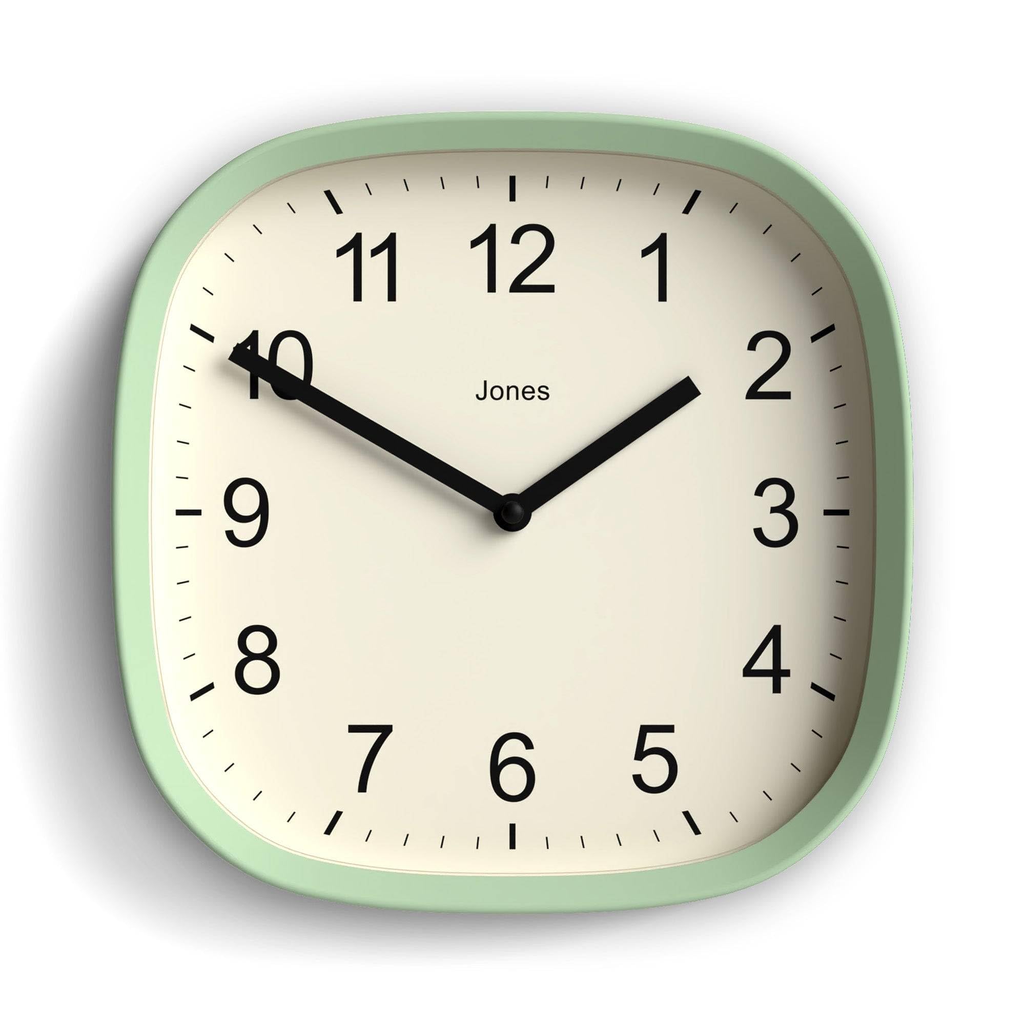 Jones Clocks® Sprite wall clock | Retro rounded square clock | 25cm | Neo mint green | Cool designer look for kitchen, living room or office