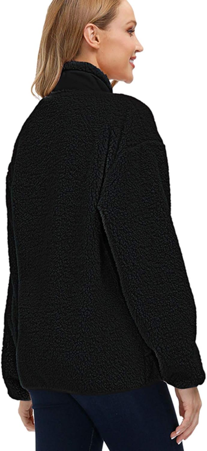 Kisscynest Women's Full Zip Fleece Jacket Stand Collar Fuzzy Fluffy Warm Winter Sherpa Coat: Clothing